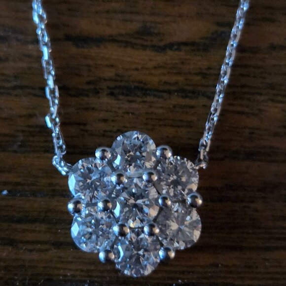 14K Gold Genuine Diamond Station Necklace with Diamond Cluster Flower Pendant - Picture 3 of 6